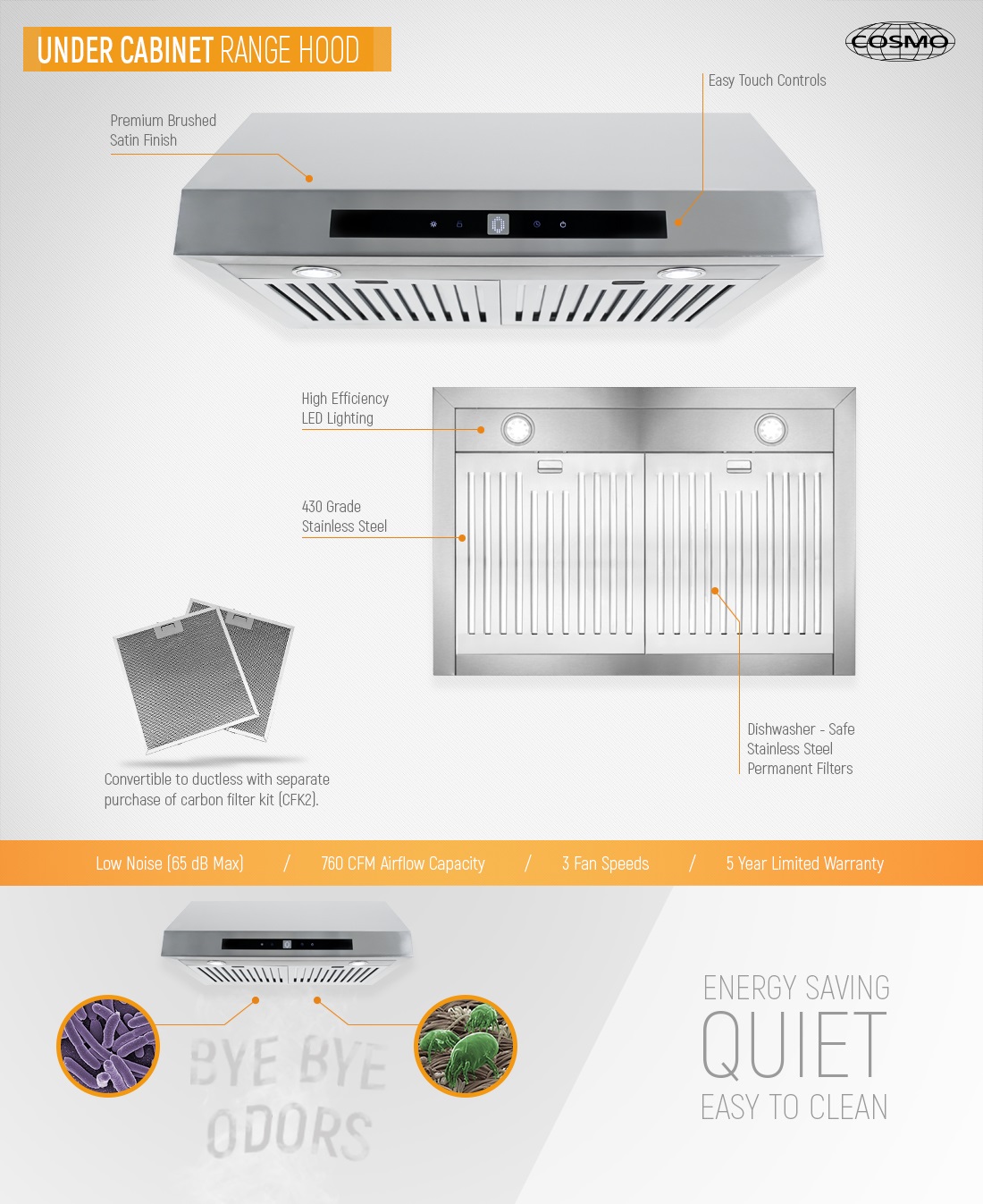 Cosmo 30 in. Ducted Under Range Hood in Stainless Steel with Touch Display and Permanent